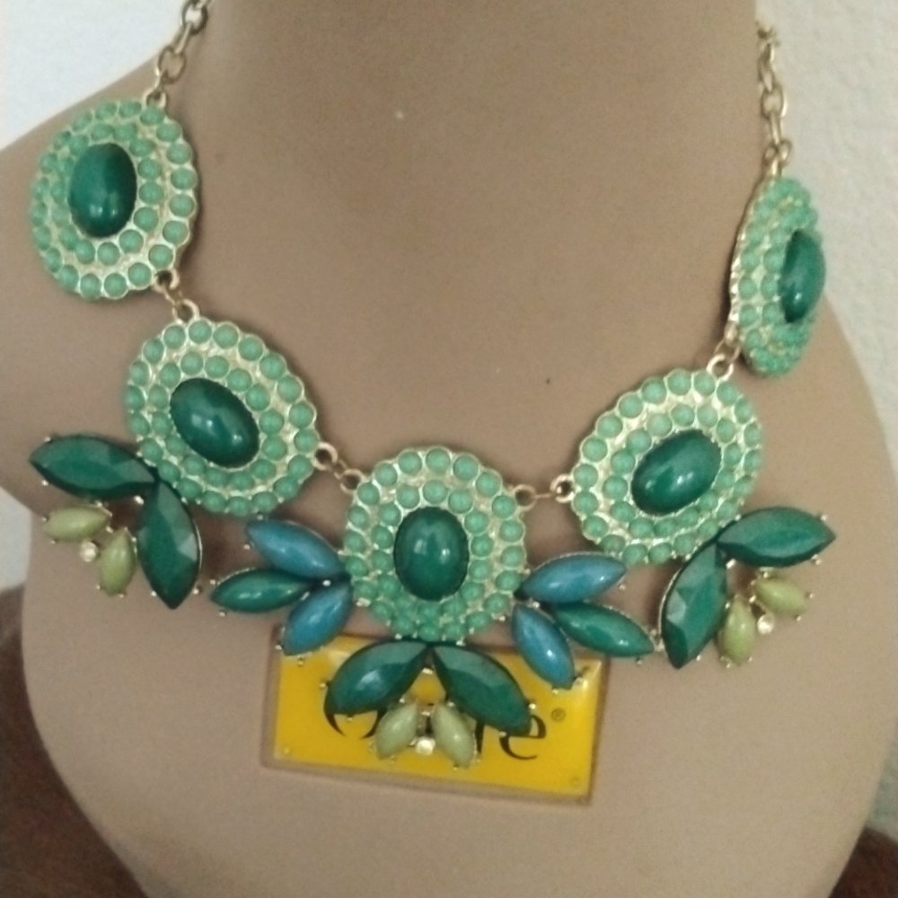 Vintage gold necklace, accented with jade green, lime green stones,